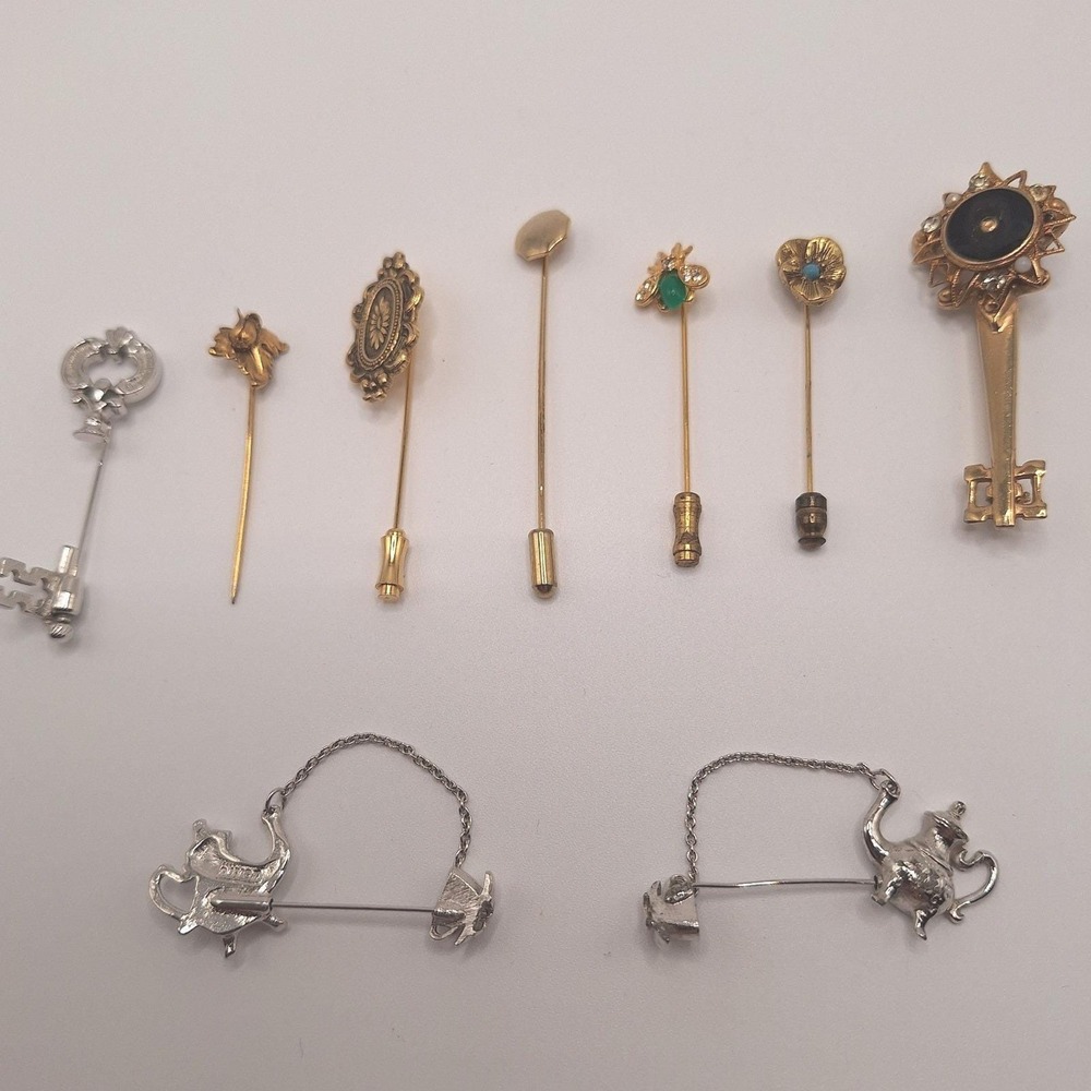 Vintage stick pins lot 9 flower bee key tea pot insects animals starbursts